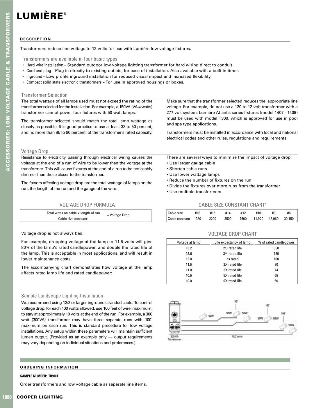 Cooper Lighting TR900T manual Lumiere`, Voltage Drop Formula Cable Size Constant Chart, Voltage Drop Chart 