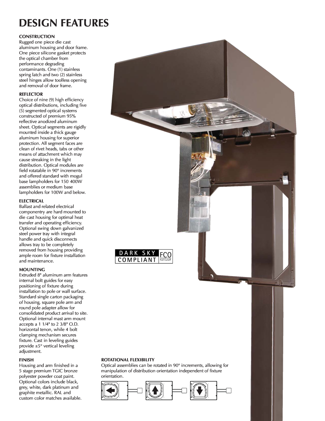 Cooper Lighting Tribute manual D A R K S K Y, Design Features, C O M P L I A N T, Reflector, Electrical, Mounting, Finish 