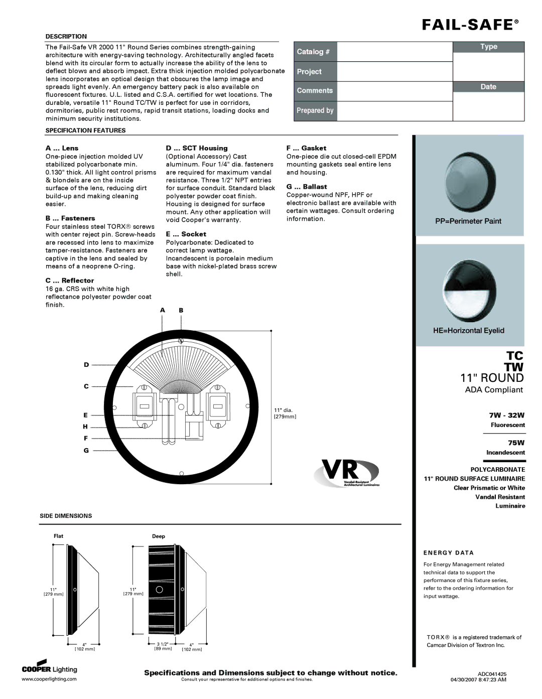 Cooper Lighting TC, TW specifications Lens, Fasteners, Reflector SCT Housing, Socket, Gasket, Ballast 