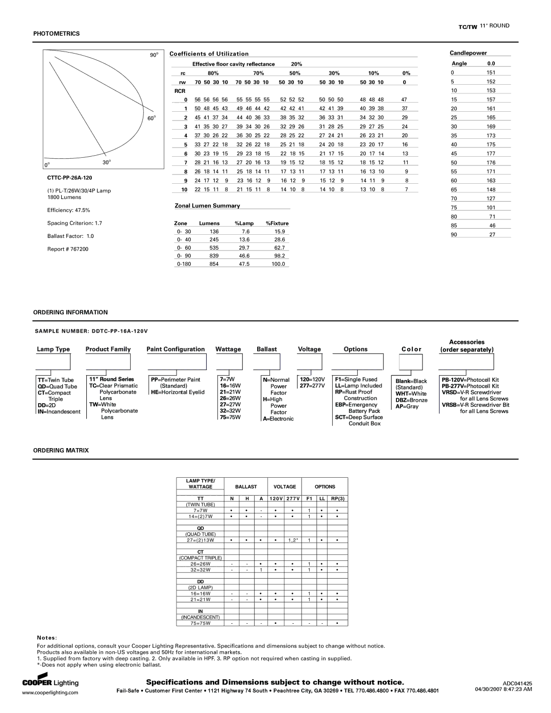 Cooper Lighting TW, TC specifications Photometrics, Ordering Information Ordering Matrix 