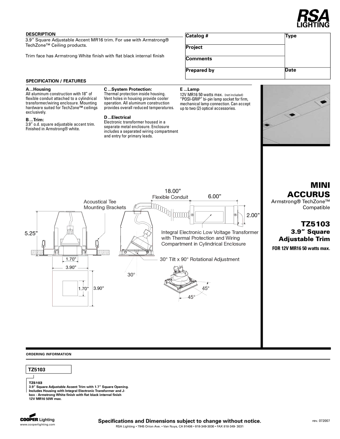 Cooper Lighting TZ5103 specifications Catalog # Project Comments Prepared by Type Date 