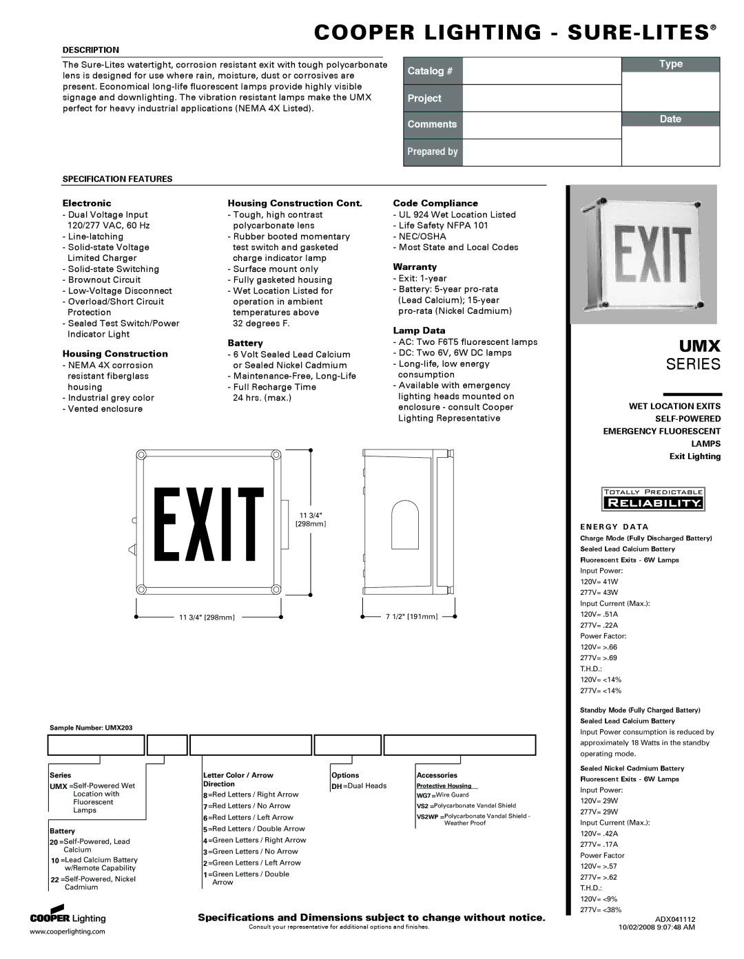 Cooper Lighting UMX Series specifications Electronic Housing Construction Code Compliance, Warranty, Lamp Data, Battery 