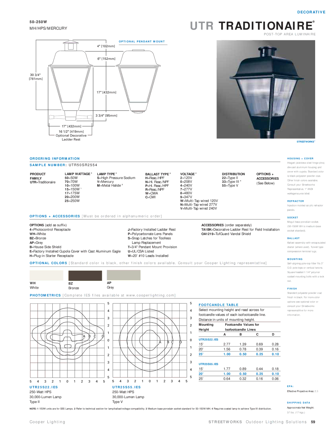 Cooper Lighting UTR50SR2554 manual 50=50W =High Pressure Sodium =Reac./HPF =120V 22=Type, =480V 20=200W, White Bronze Grey 