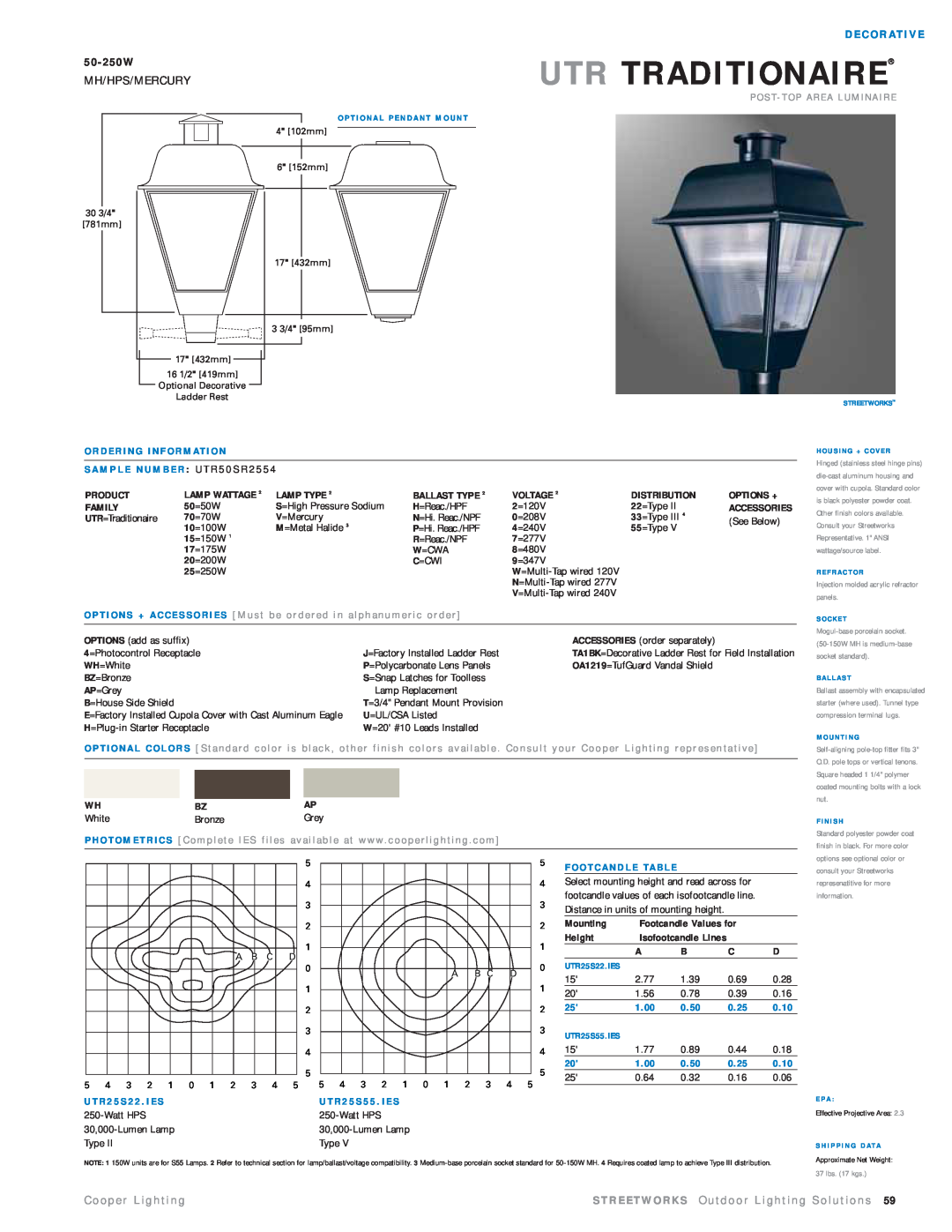 Cooper Lighting UTR50SR2554 manual Utr Traditionaire, D E C O R At I V E, 50-250W, Mh/Hps/Mercury 