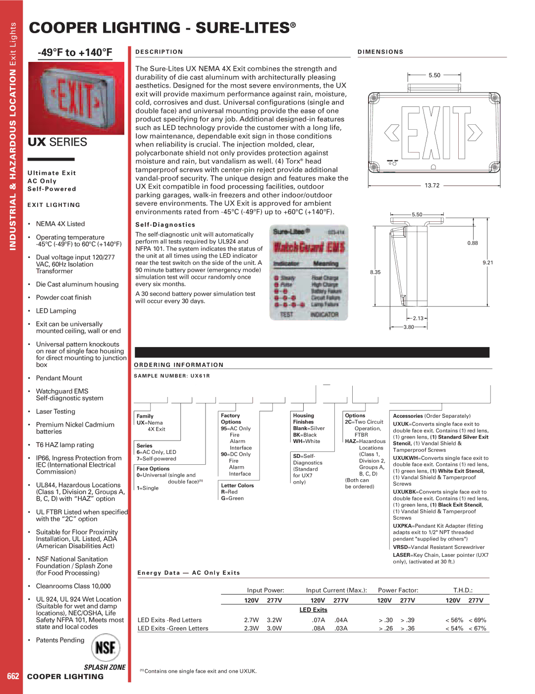 Cooper Lighting UX Series, UX NEMA 4X dimensions T i m a t e E x i t O n l y L f P o w e r e d, L f D i a g n o s t i c s 