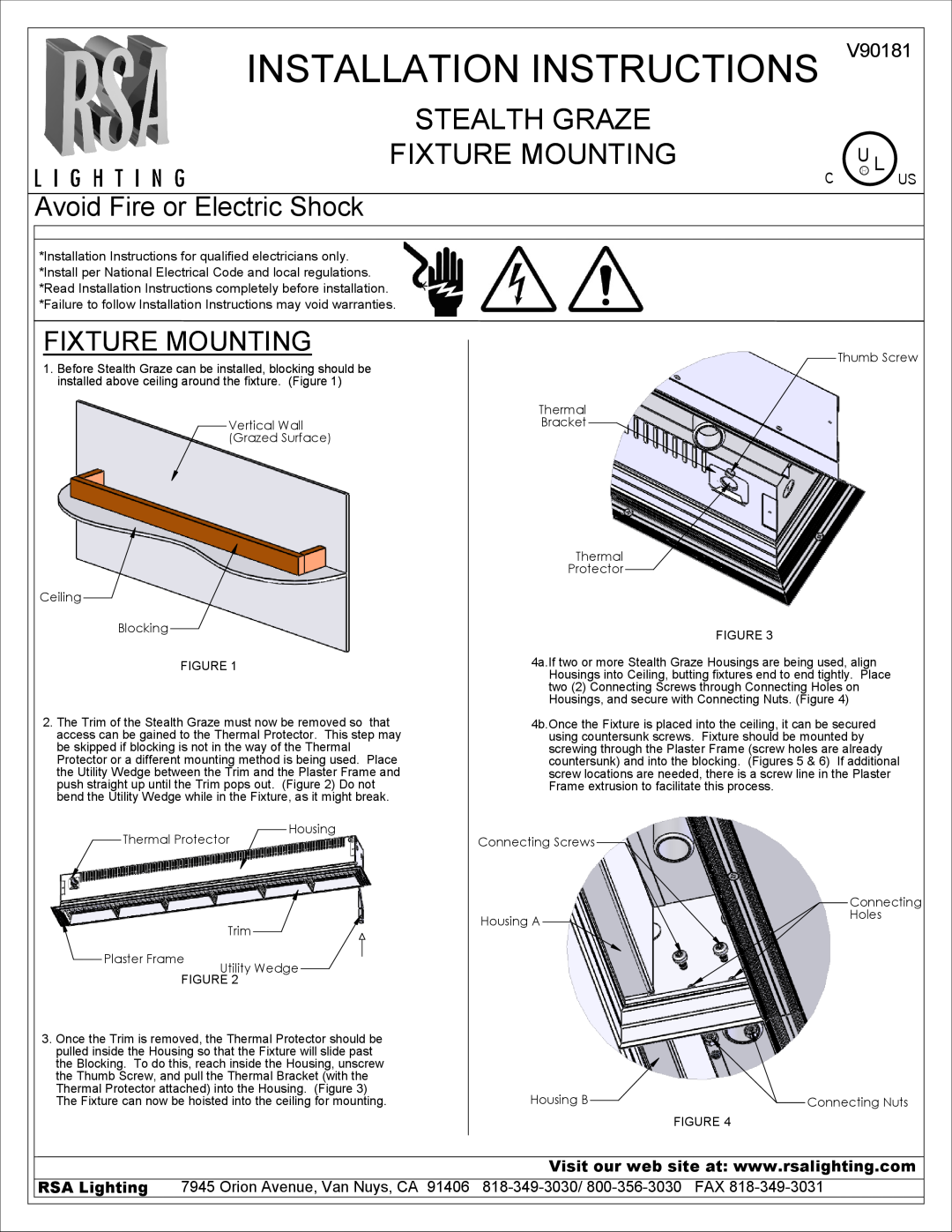 Cooper Lighting V90181 installation instructions Installation Instructions, Stealth Graze Fixture Mounting, C Us 