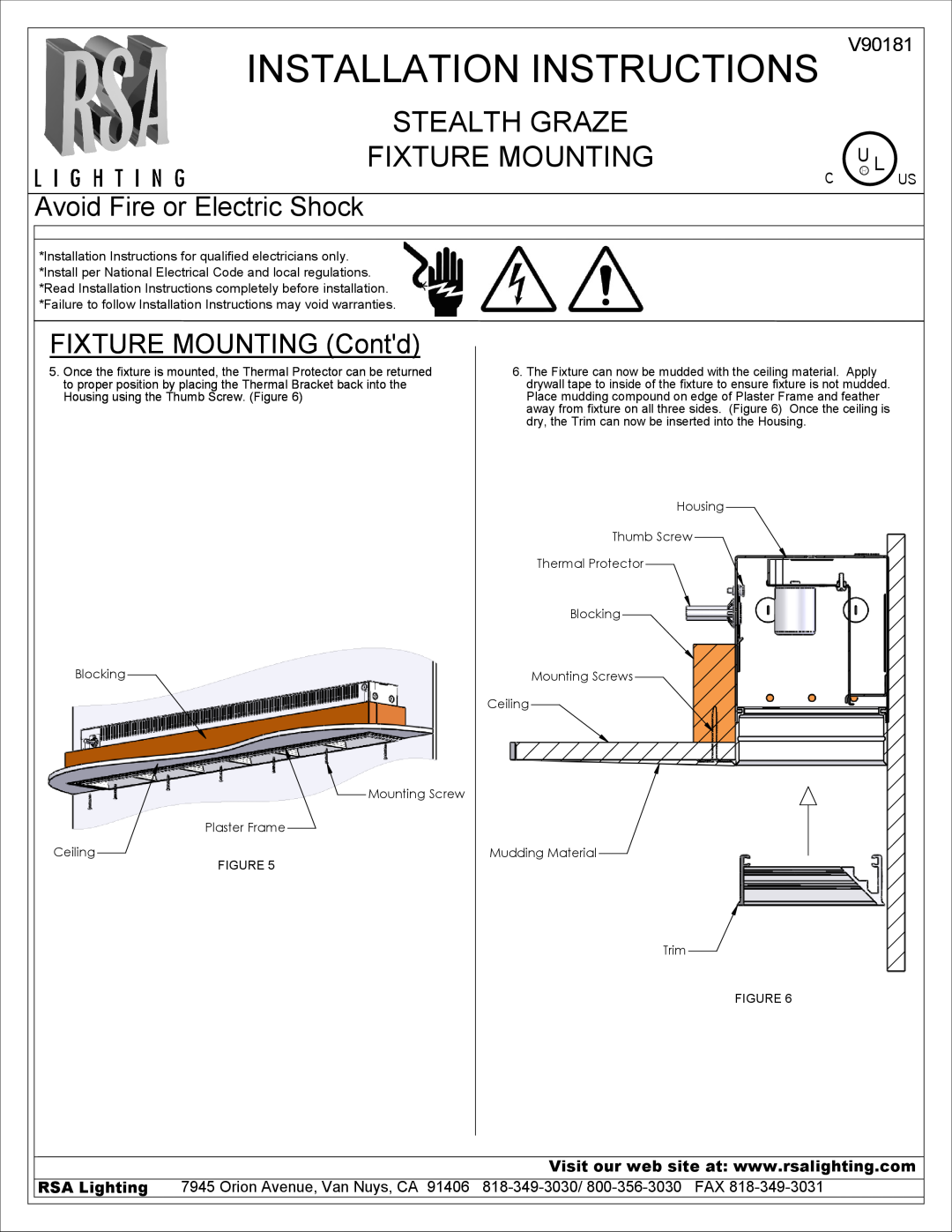 Cooper Lighting V90181 FIXTURE MOUNTING Contd, Installation Instructions, Stealth Graze Fixture Mounting, C Us 