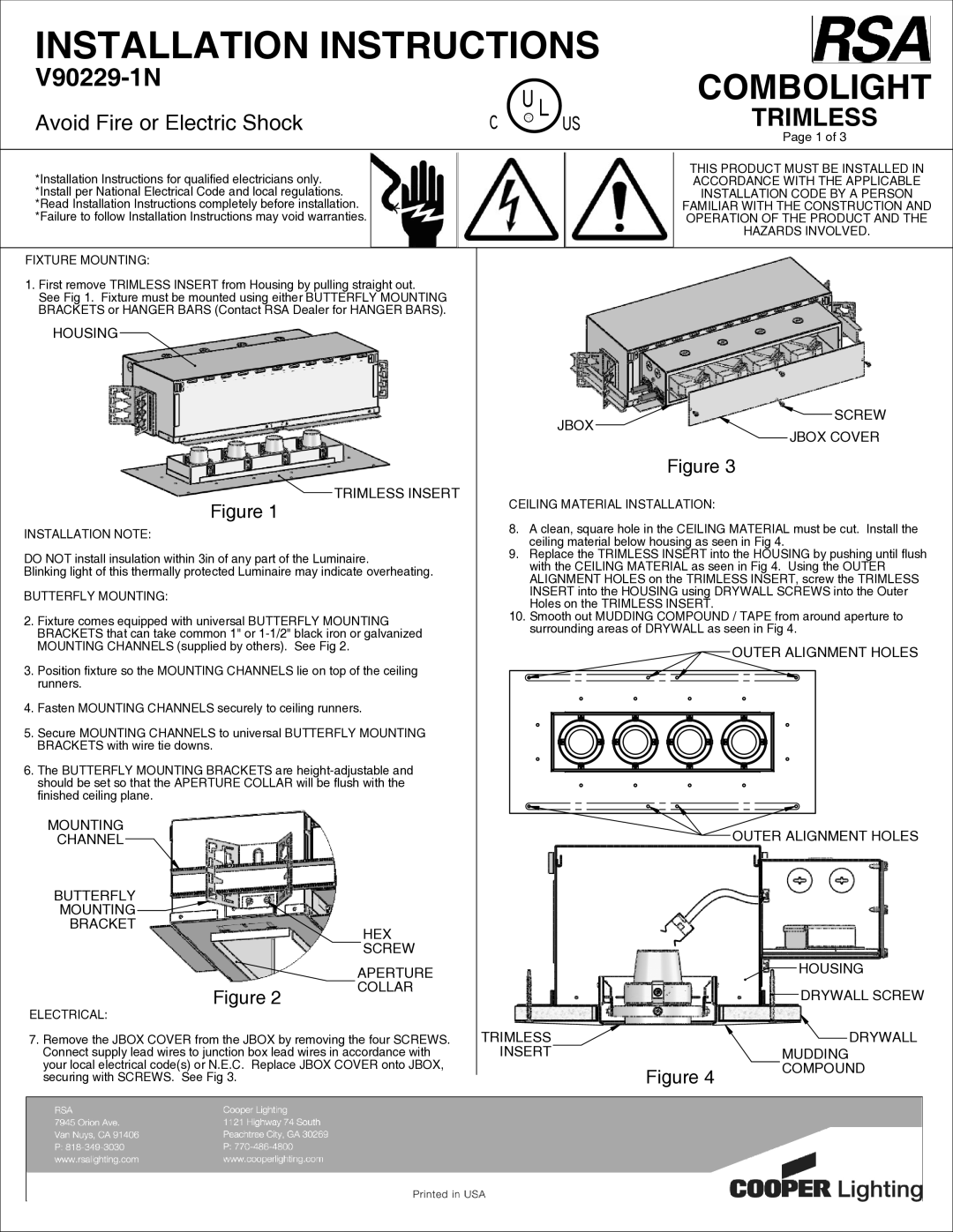 Cooper Lighting V90229-1N installation instructions Trimless 