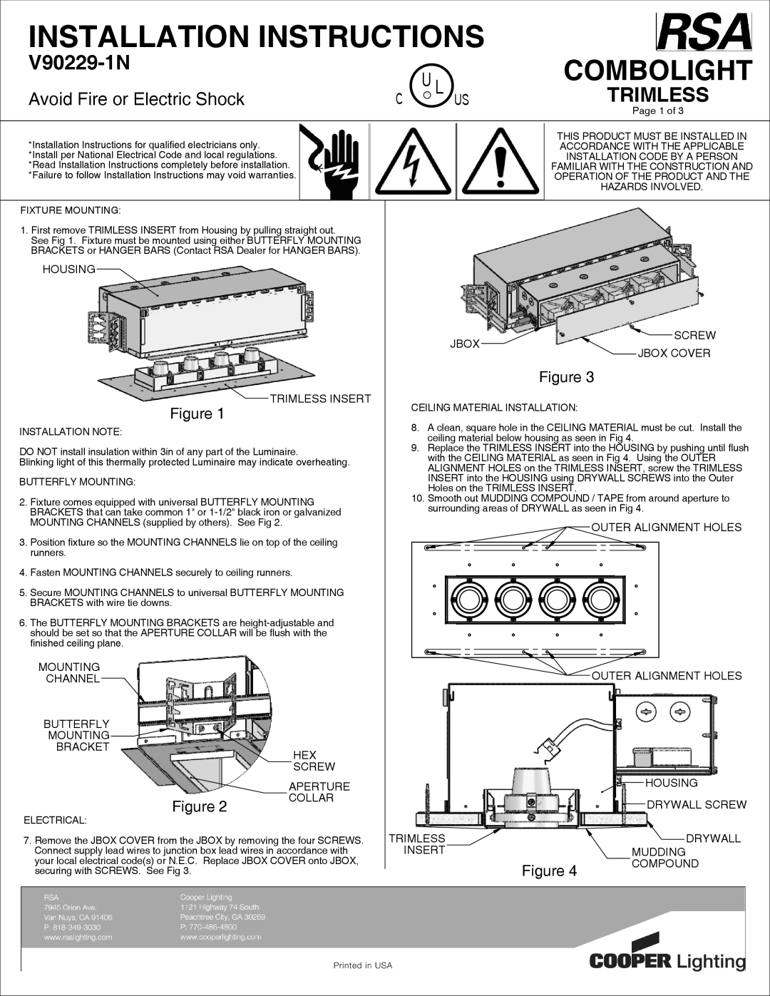 Cooper Lighting V90229-1N installation instructions Installation Instructions, Combolight, Trimless 