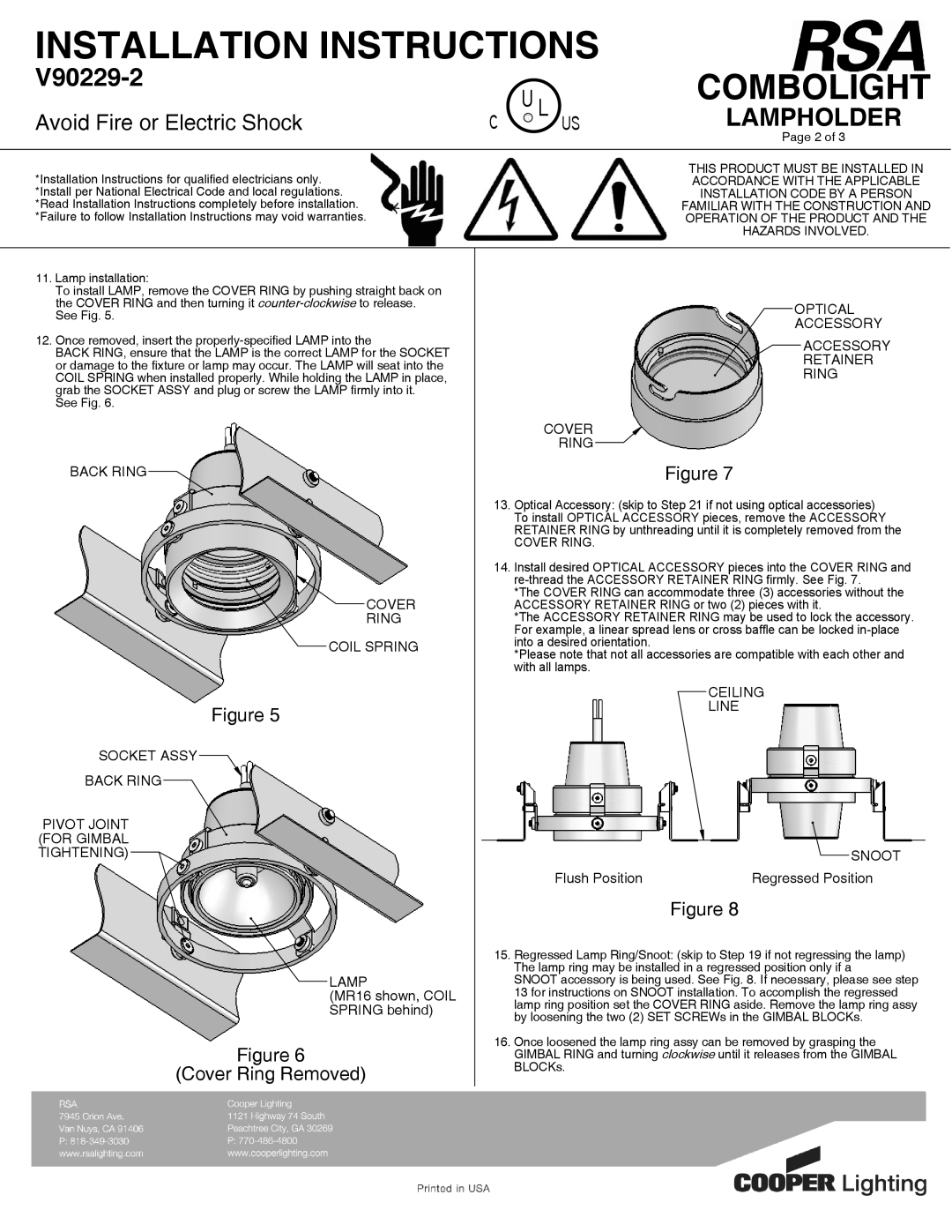 Cooper Lighting V90229-1N V90229-2, Lampholder, Avoid Fire or Electric Shock, Figure Cover Ring Removed, Combolight 