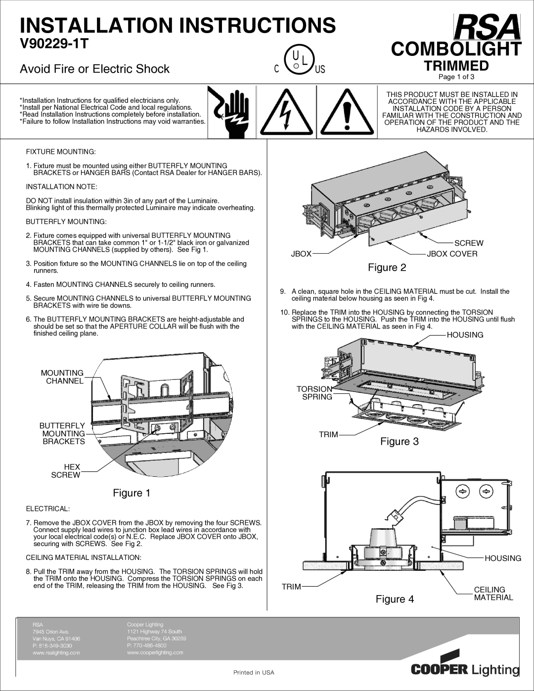 Cooper Lighting V90229-1T installation instructions Trimmed 