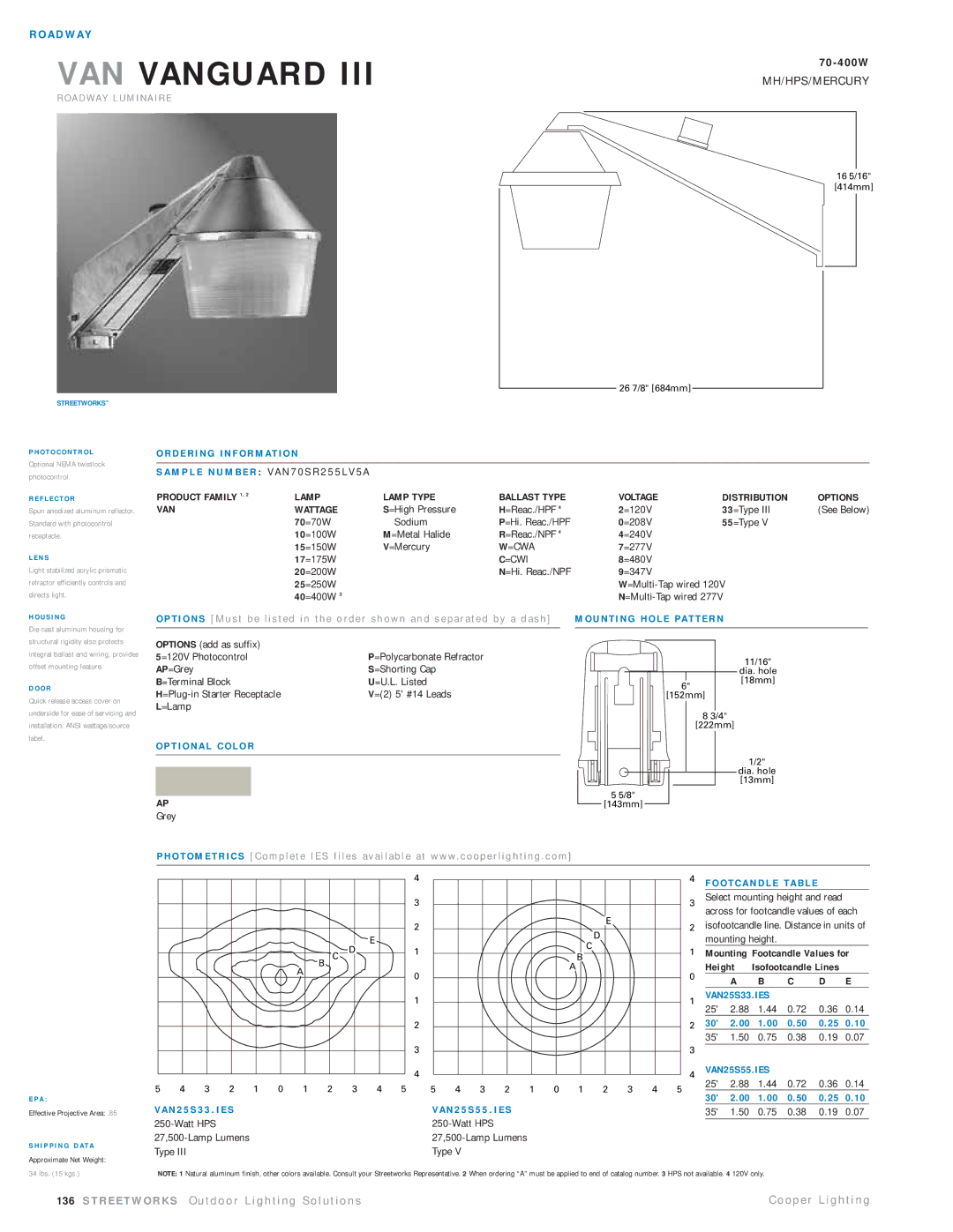 Cooper Lighting VAN70SR255LV5A manual Product Family 1 Lamp Lamp Type Ballast Type, Distribution Options VAN Wattage, =Cwa 