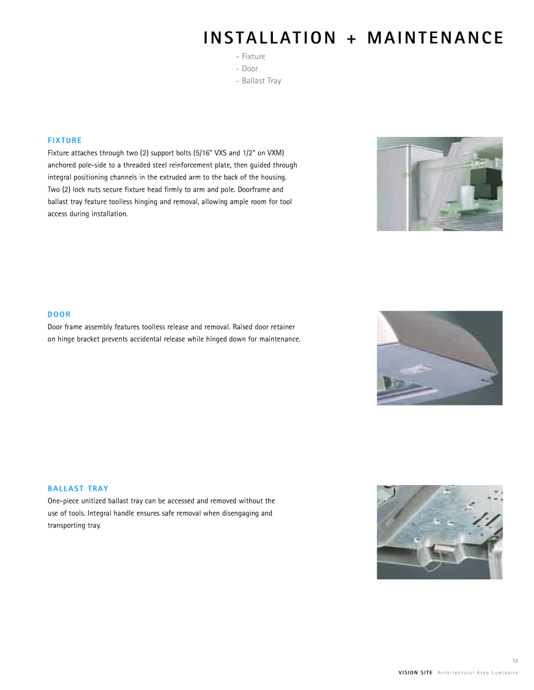 Cooper Lighting Vision Site manual Fixture Door Ballast Tray, X T U R E, O R, L L a S T T R a Y 