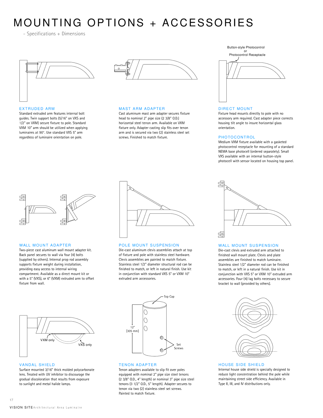 Cooper Lighting Vision Site manual U N T I N G O P T I O N S + a C C E S S O R I E S, Specifications + Dimensions 