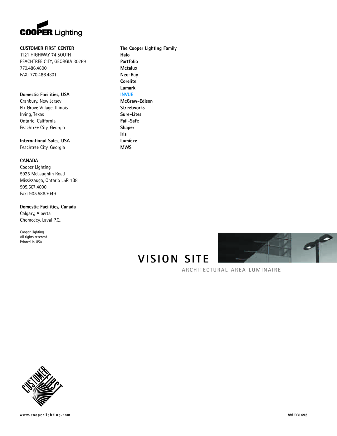 Cooper Lighting Vision Site manual Invue, Canada 