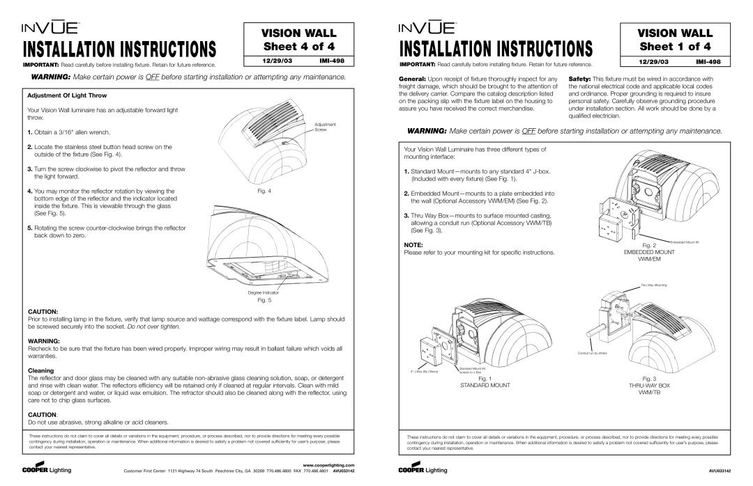 Cooper Lighting installation instructions Installation Instructions Vision Wall, Sheet 4, Sheet 1 