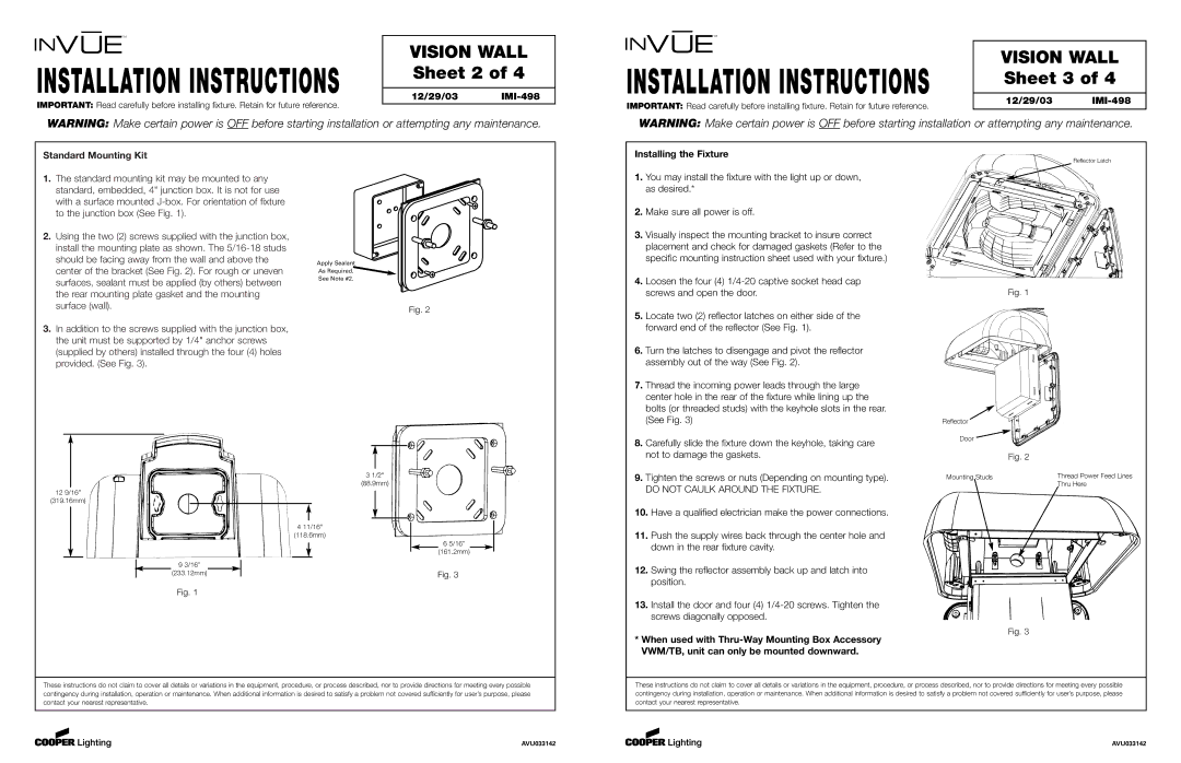 Cooper Lighting Vision Wall Sheet 2, Vision Wall Sheet 3, 12/29/03 IMI-498 Standard Mounting Kit 