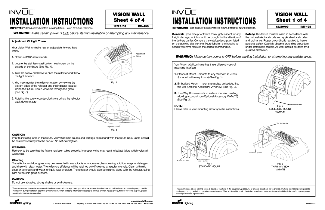 Cooper Lighting Vision Wall installation instructions Installation Instructions, Sheet 4 of, Sheet 1 of 