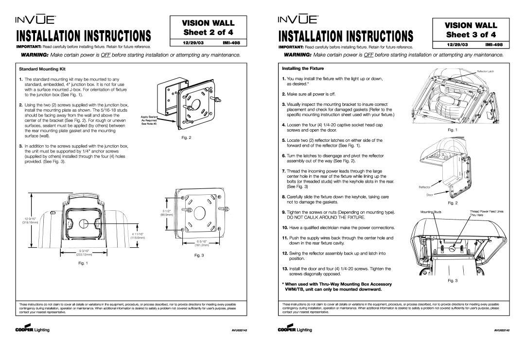 Cooper Lighting Vision Wall VISION WALL Sheet 2 of, VISION WALL Sheet 3 of, Installation Instructions, 12/29/03 IMI-498 