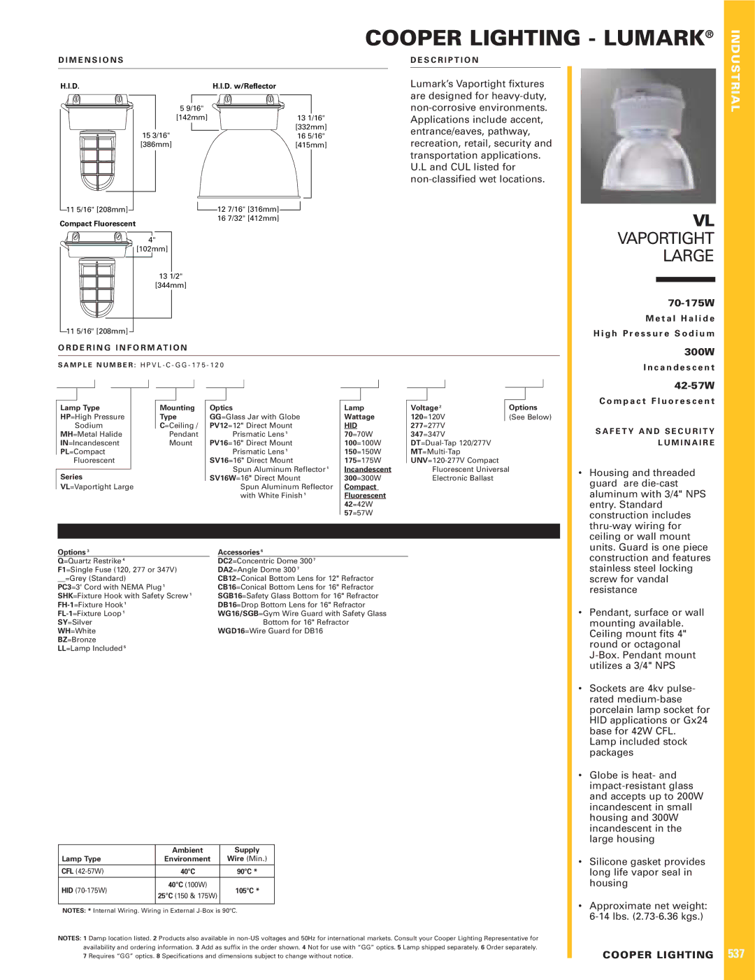 Cooper Lighting dimensions Cooper Lighting Lumark, VL Vaportight Large 
