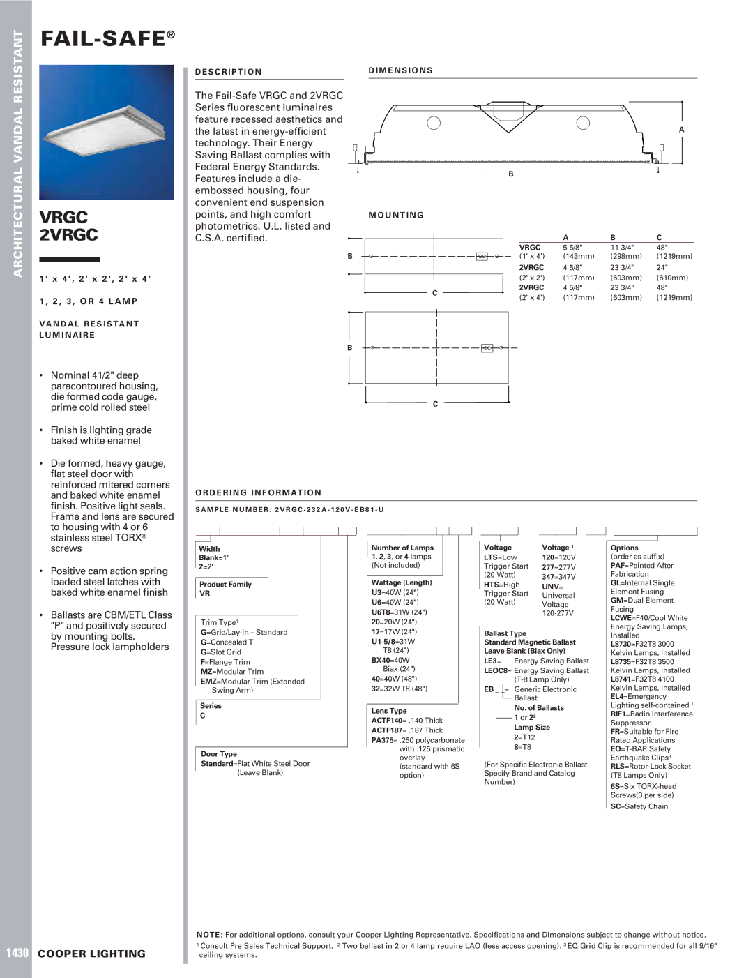 Cooper Lighting 2VRGC dimensions Fail-Safe, Vrgc, Cooper Lighting 