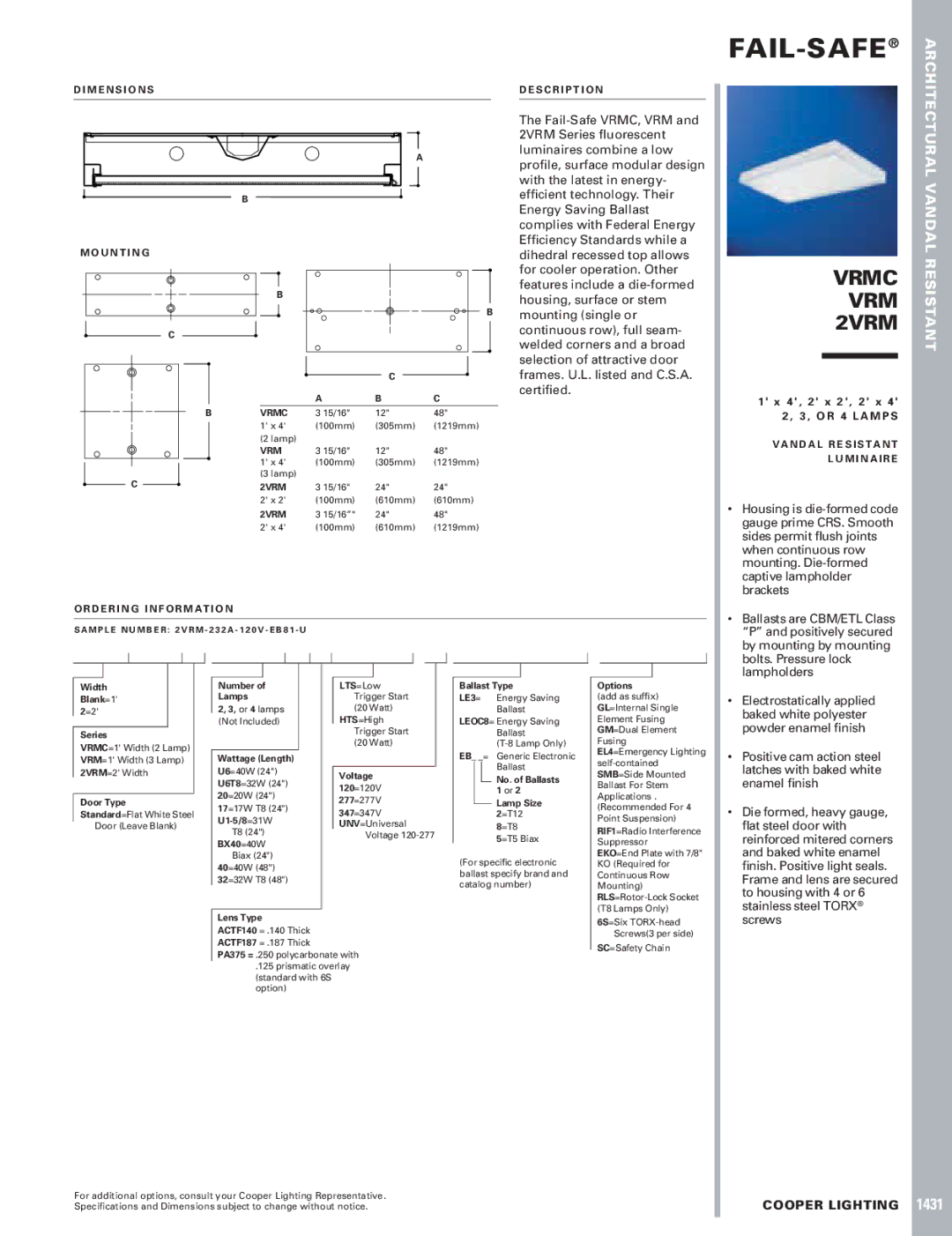 Cooper Lighting VRMC dimensions Fail-Safe, Vrmc VRM 2VRM, Vandal Resistant 