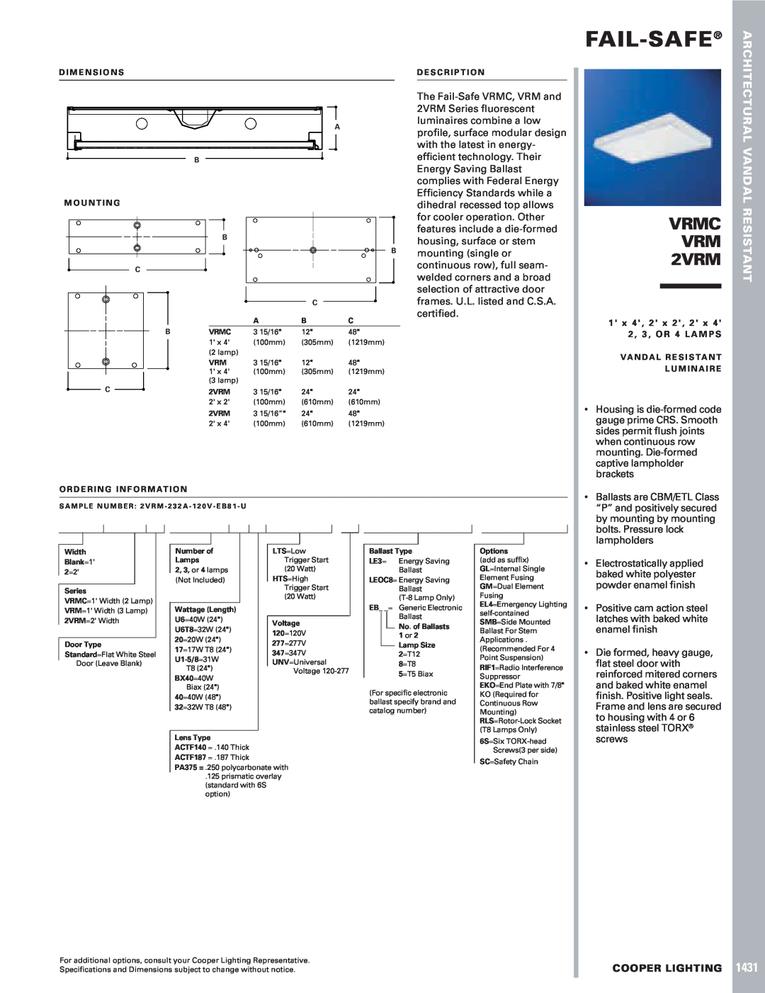 Cooper Lighting dimensions Fail-Safe, VRMC VRM 2VRM, 1431, Vandal Resistant, Cooper Lighting 