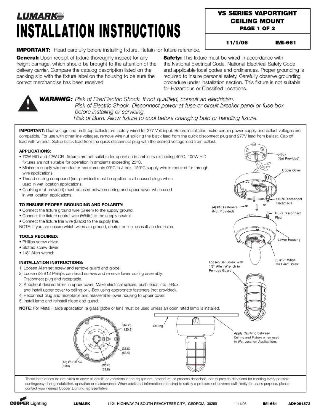 Cooper Lighting installation instructions Installation Instructions, VS Series Vaportight Ceiling Mount 