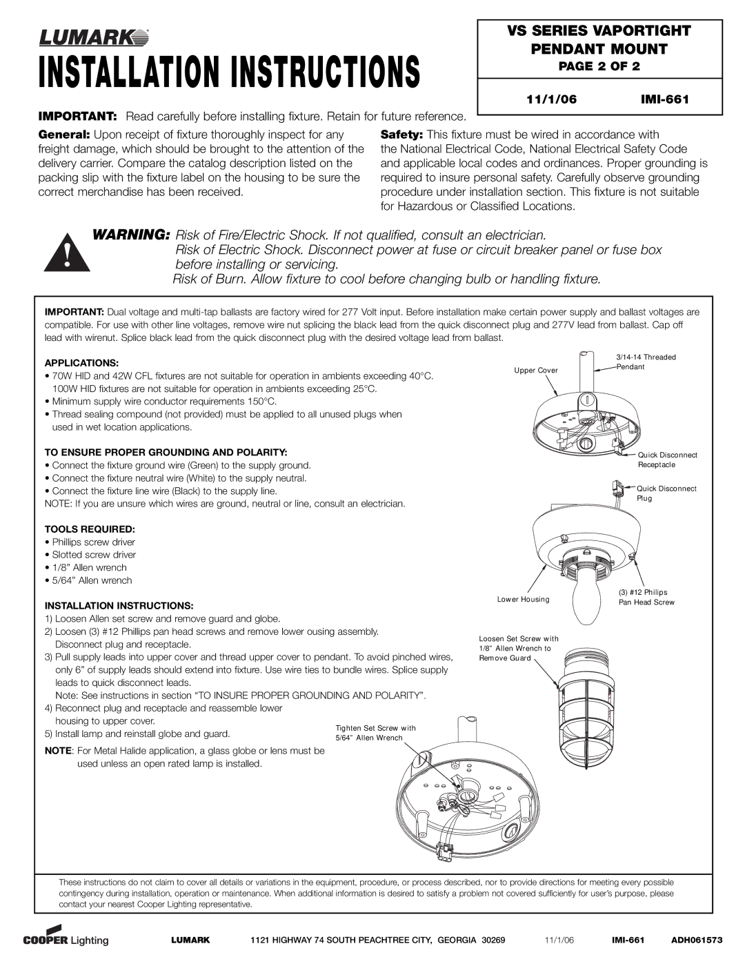 Cooper Lighting installation instructions VS Series Vaportight Pendant Mount 