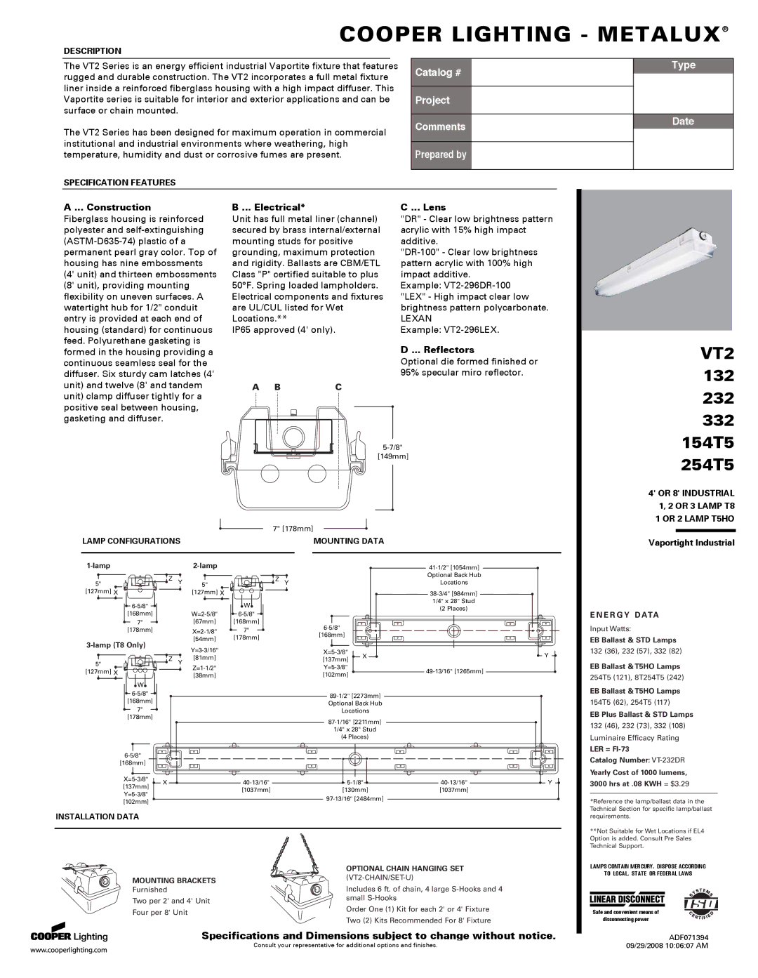 Cooper Lighting VT2 specifications Construction, Electrical, Lens, Reflectors 