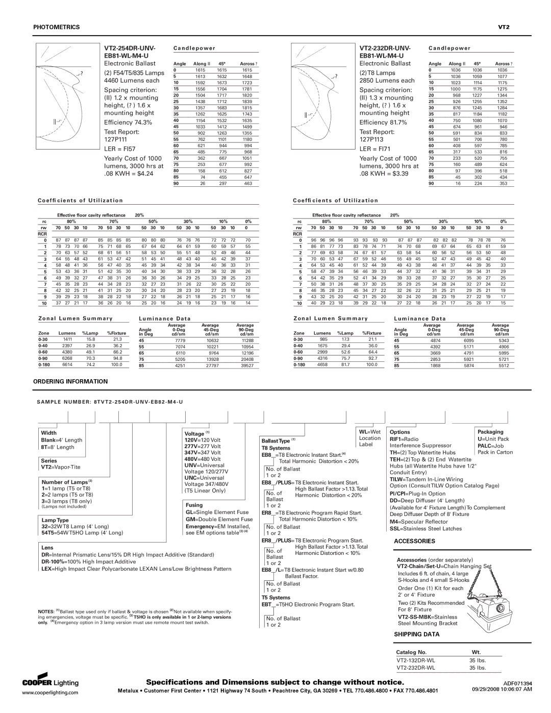 Cooper Lighting VT2 specifications Ordering Information, Accessories, Shipping Data 