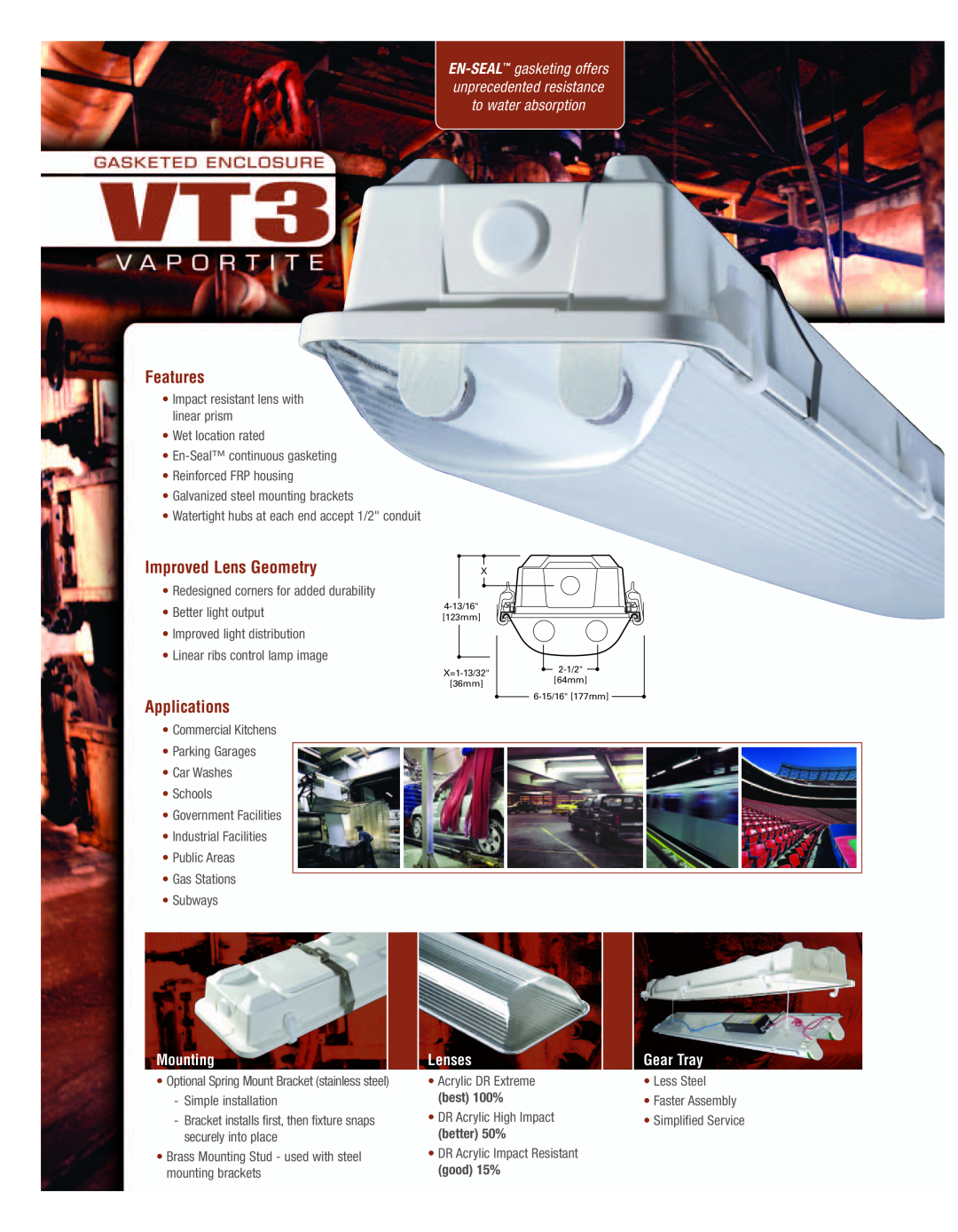 Cooper Lighting VT3 manual Features, Improved Lens Geometry, Applications, Mounting, Lenses, Gear Tray 