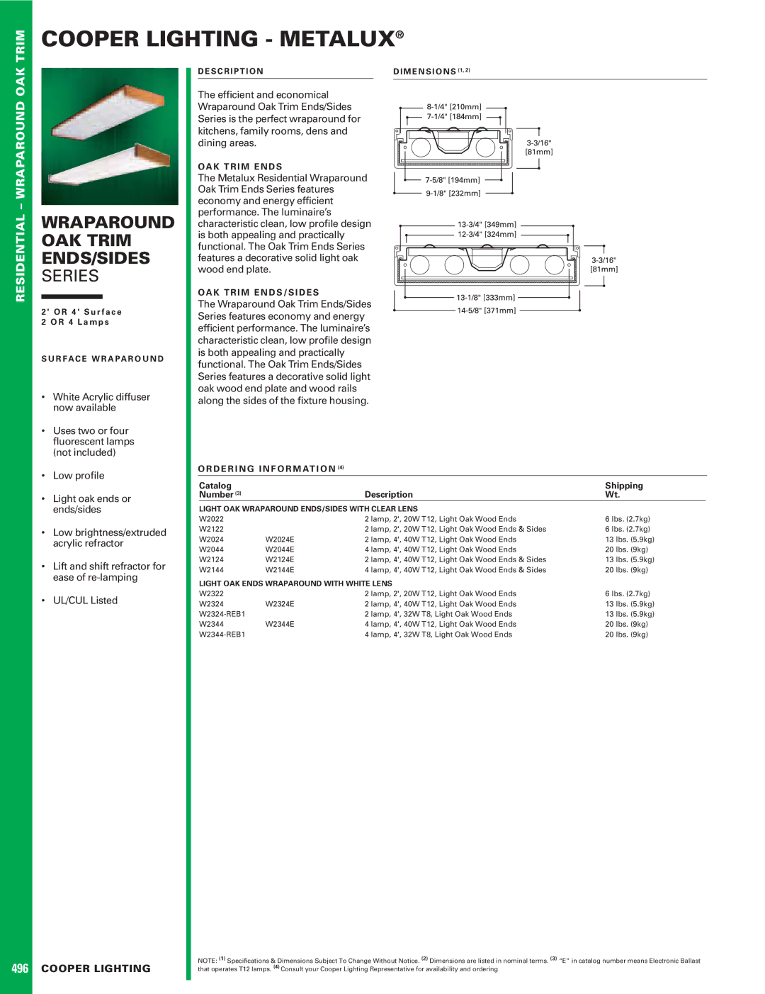 Cooper Lighting W2022 dimensions Cooper Lighting Metalux, Wraparound OAK Trim ENDS/SIDES, Series, 496 