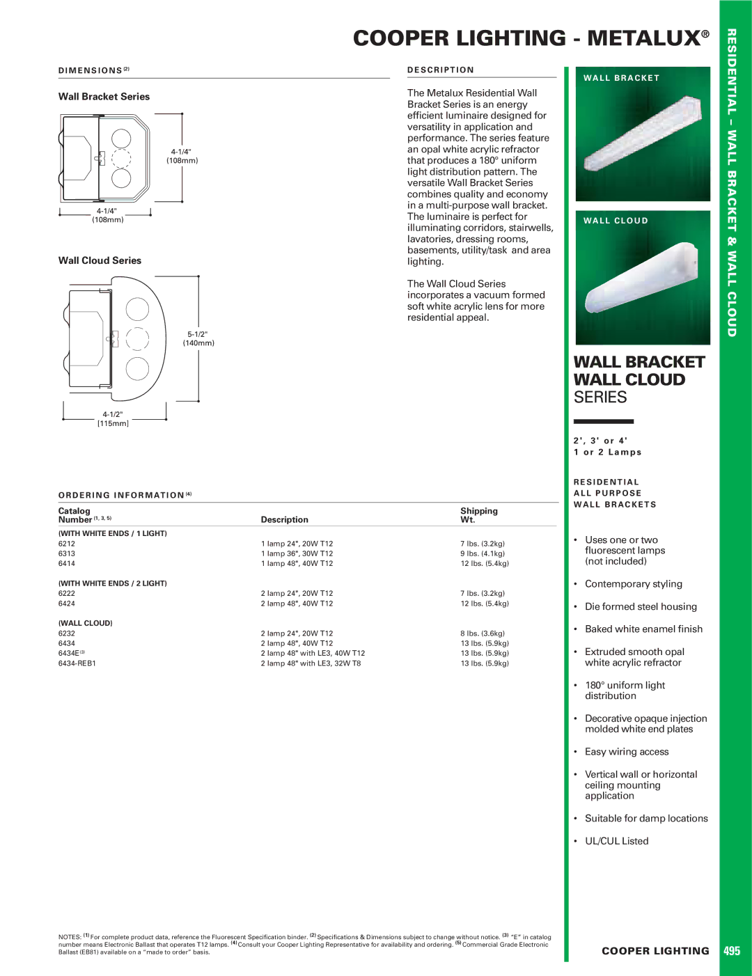 Cooper Lighting dimensions Cooper Lighting Metalux, Wall Bracket Series Wall Cloud Series 
