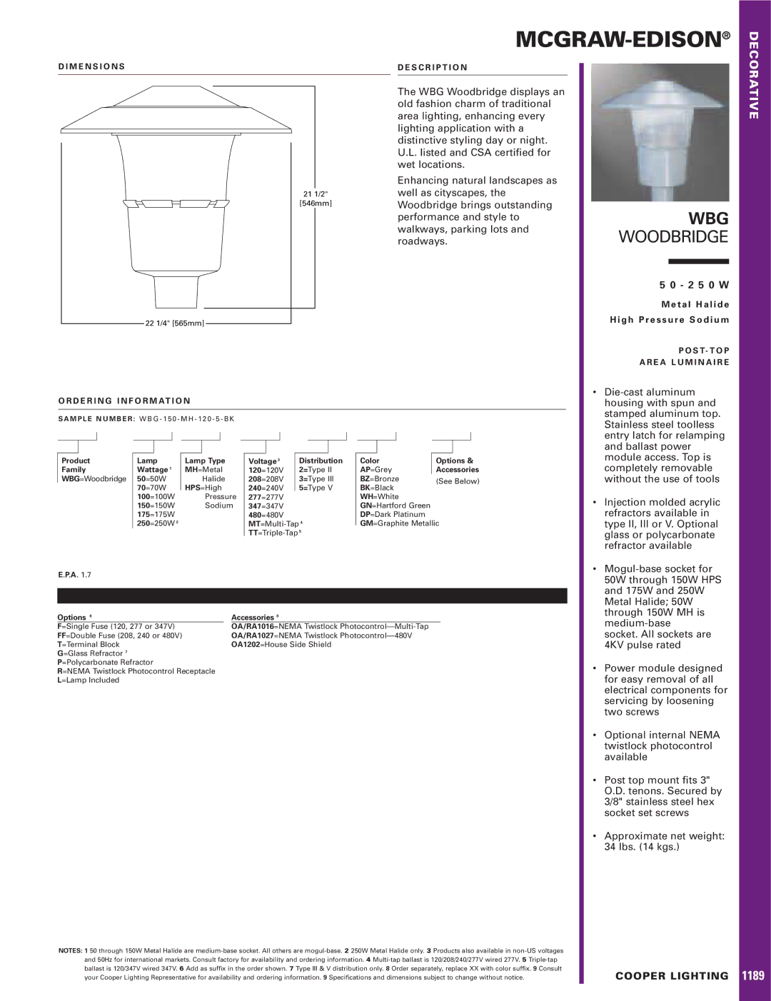 Cooper Lighting WBG specifications Mcgraw-Edison, Wbg, Woodbridge, 2 5 0 W, Cooper Lighting 