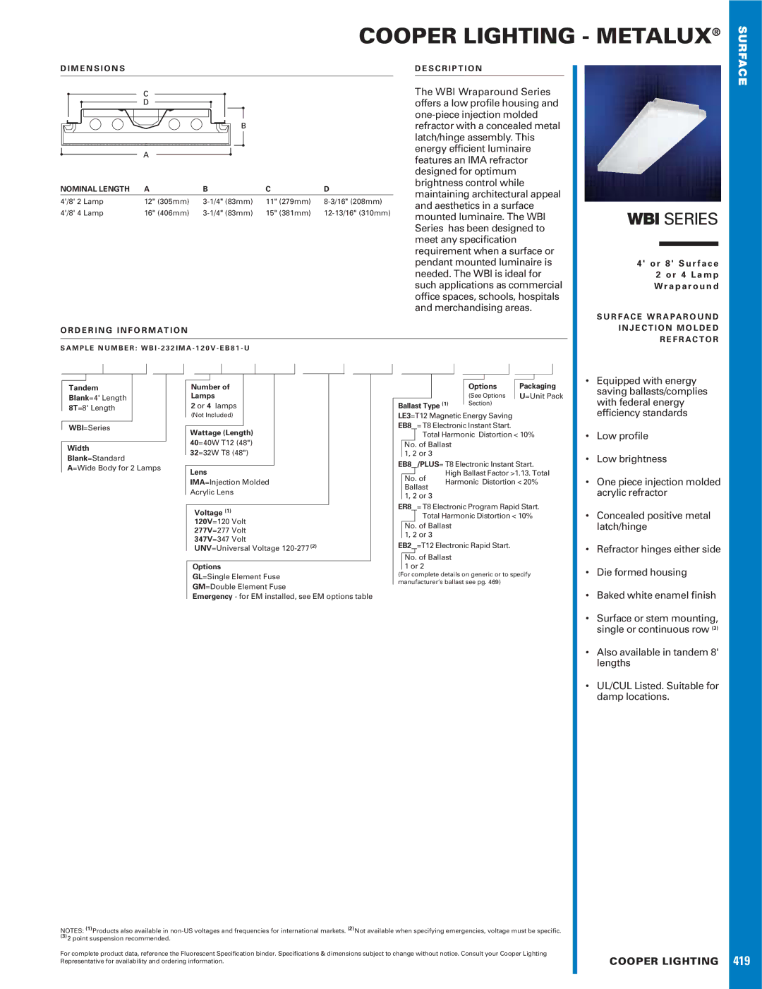 Cooper Lighting WBI dimensions Tandem, Width, Number Lamps, Lens, Voltage, Options Packaging, =Unit Pack, Ballast Type 