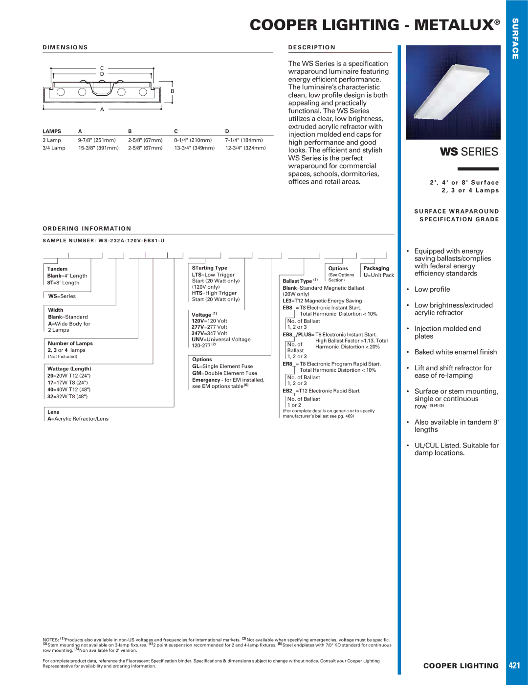 Cooper Lighting WS Series dimensions Tandem, Width, Number of Lamps, Lens, STarting Type, Voltage, Options, =Unit Pack 