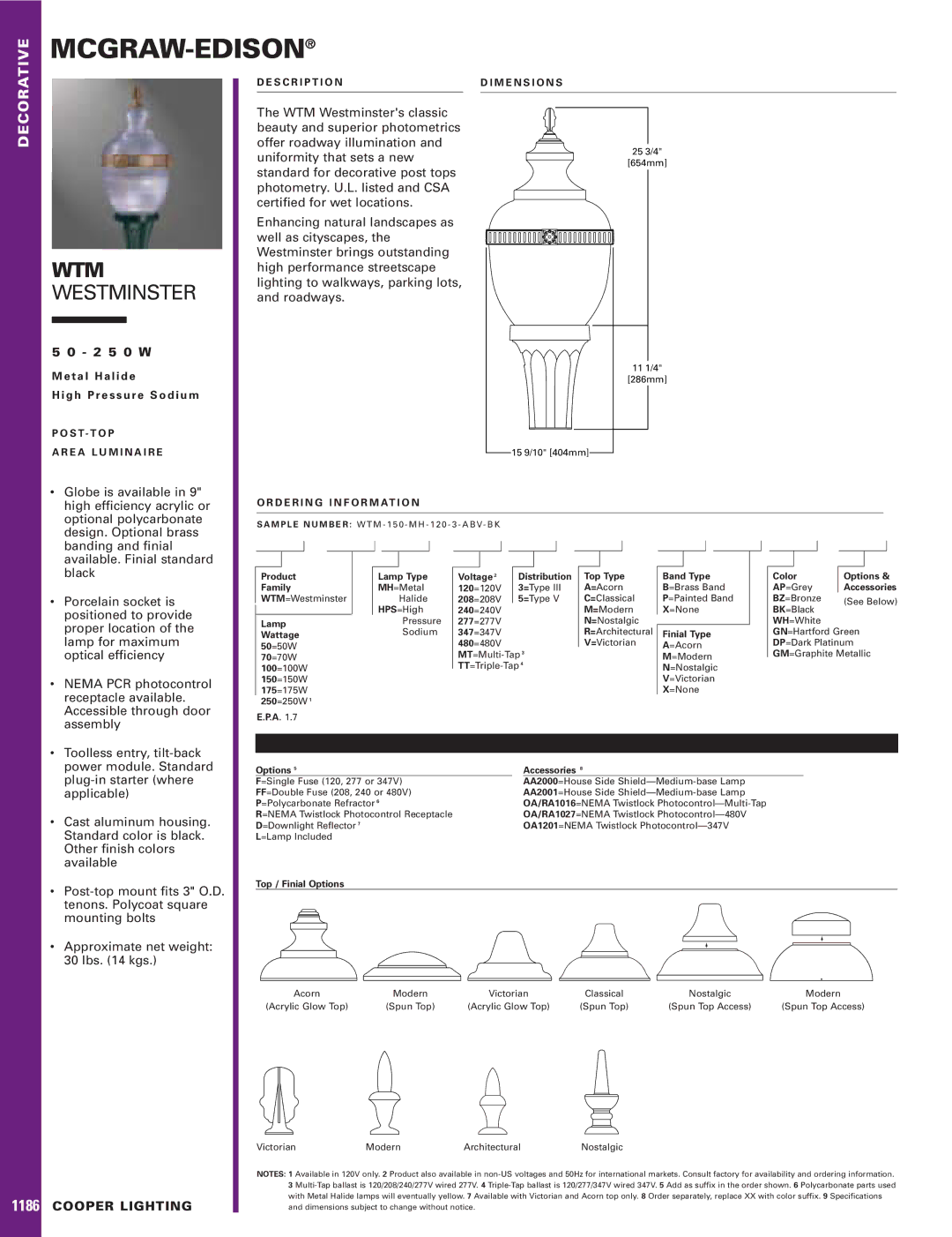 Cooper Lighting WTM specifications Mcgraw-Edison, Wtm, Westminster, 1186, Cooper Lighting 