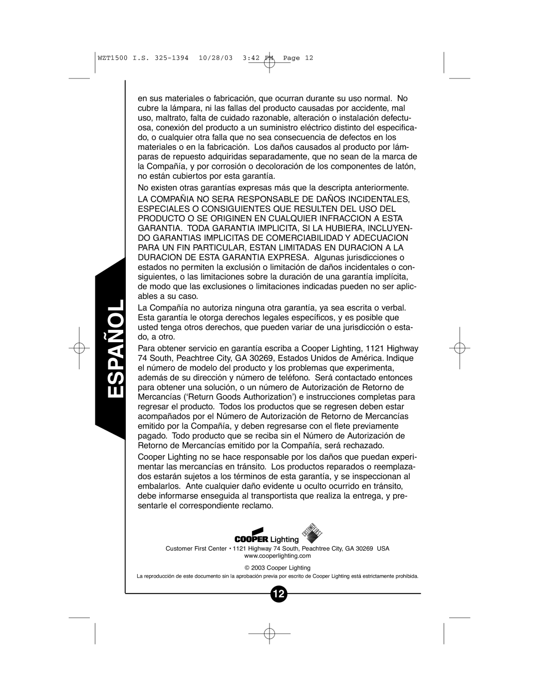 Cooper Lighting WZT1500 instruction manual Español 