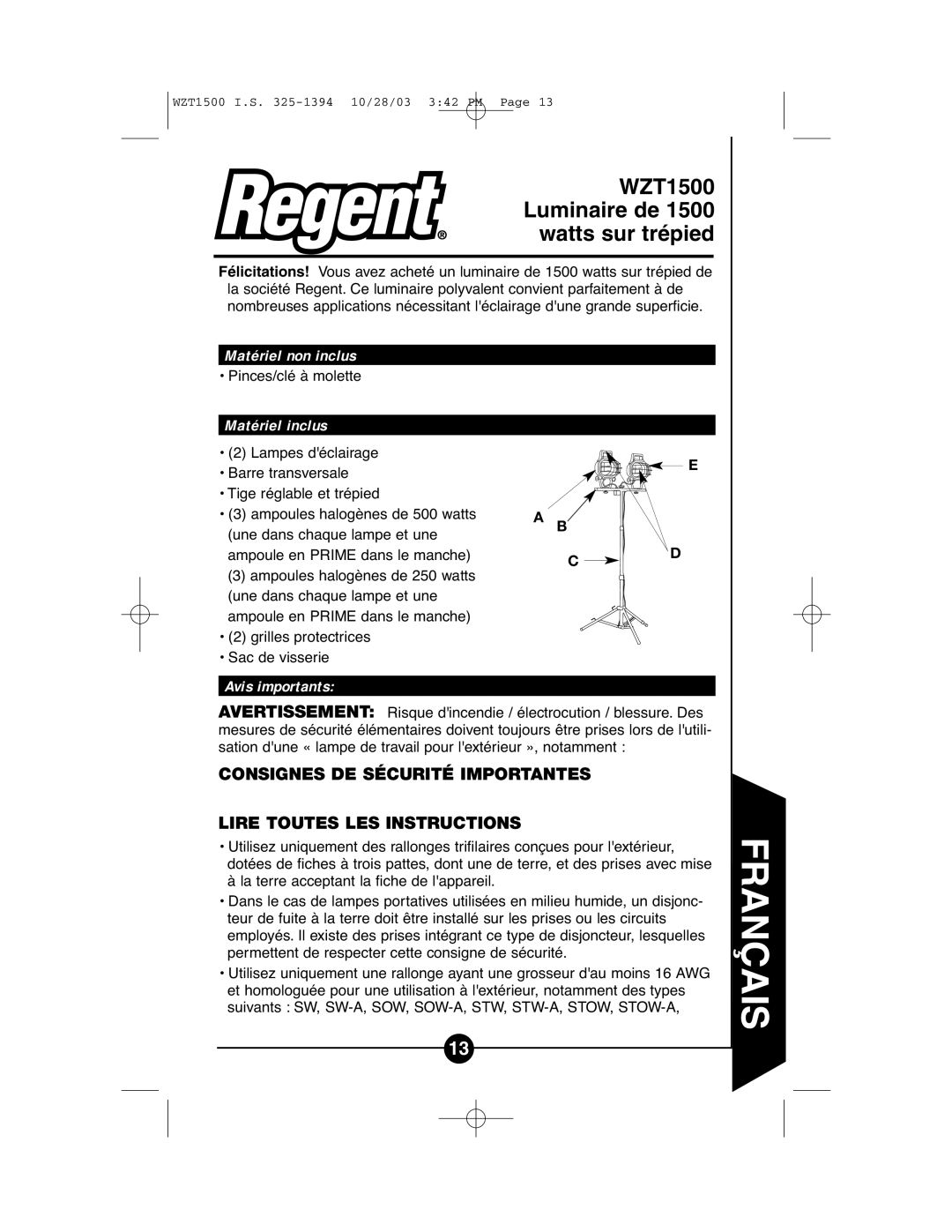 Cooper Lighting WZT1500 instruction manual Matériel non inclus, Matériel inclus, Avis importants 