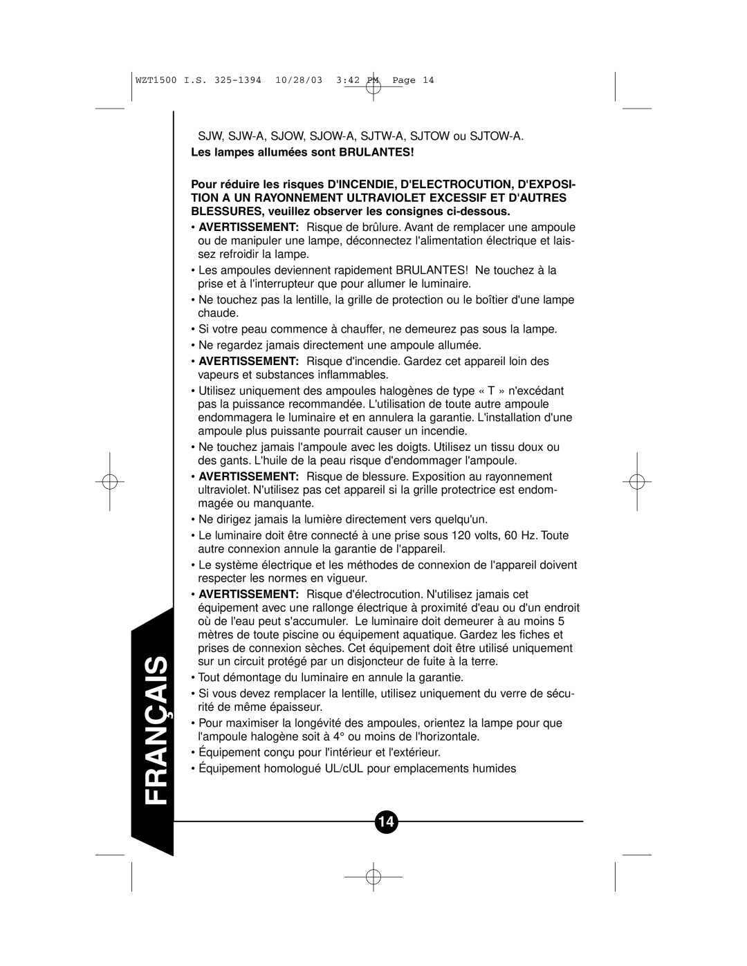 Cooper Lighting WZT1500 instruction manual SJW, SJW-A, SJOW, SJOW-A, SJTW-A, Sjtow ou SJTOW-A 