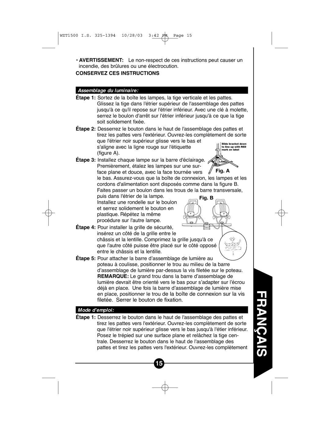 Cooper Lighting WZT1500 instruction manual Assemblage du luminaire, Mode demploi 