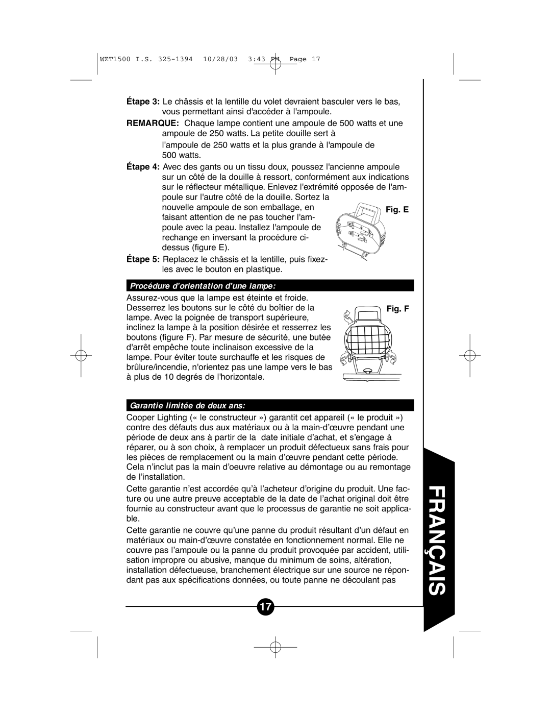 Cooper Lighting WZT1500 instruction manual Procédure dorientation dune lampe, Garantie limitée de deux ans 