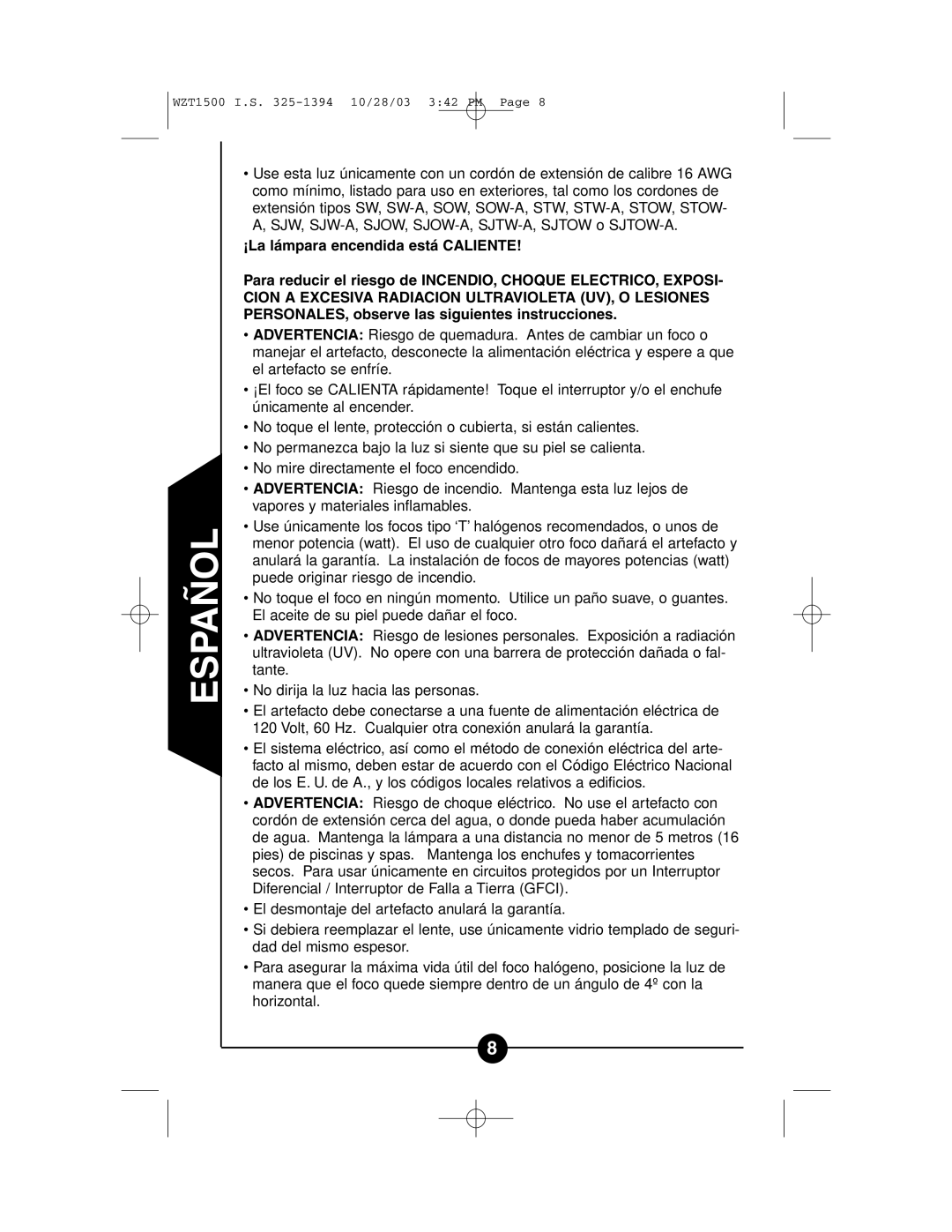 Cooper Lighting WZT1500 instruction manual Español 