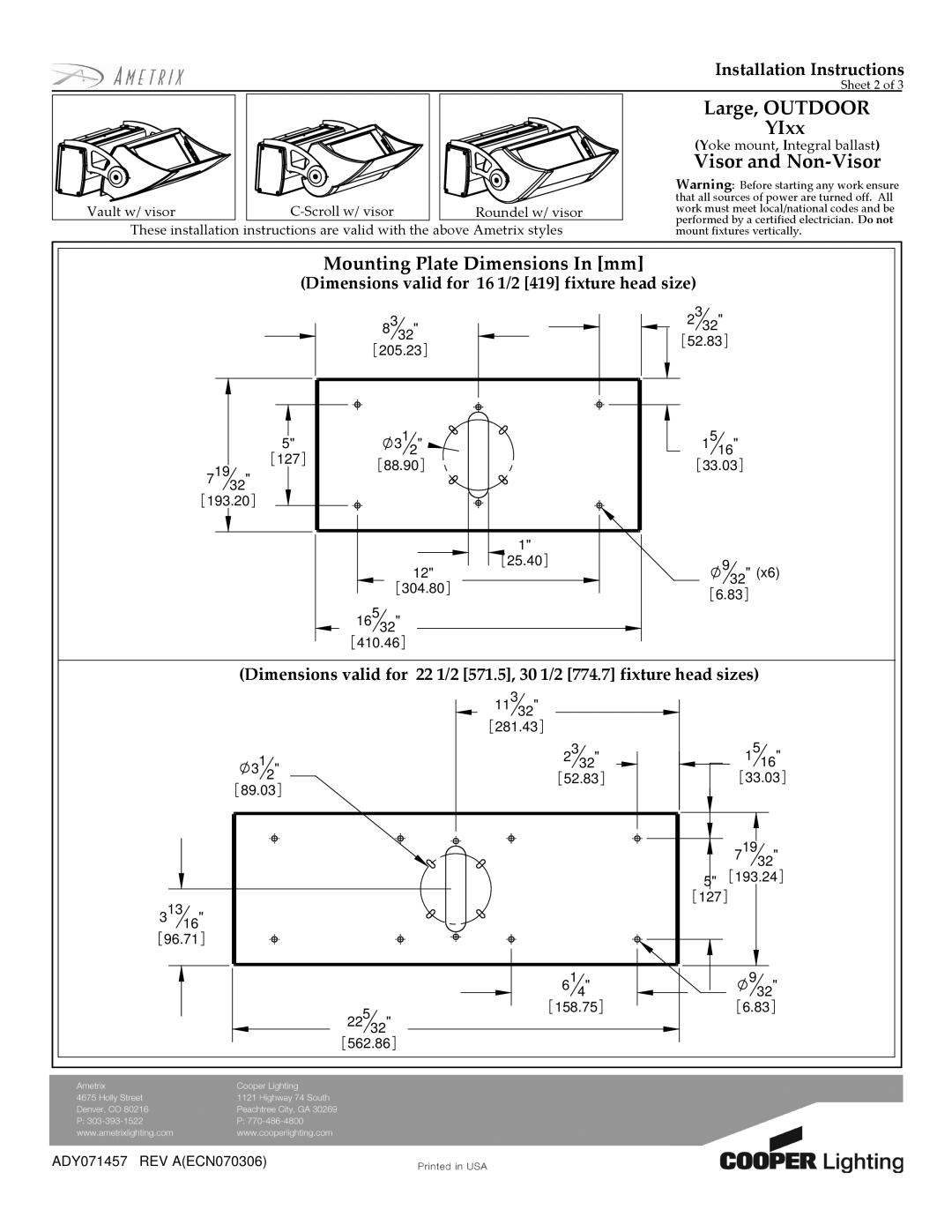 Cooper Lighting YIxx installation instructions Mounting Plate Dimensions In mm 