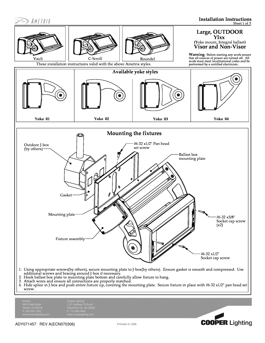 Cooper Lighting installation instructions Large, OUTDOOR YIxx, Visor and Non-Visor, Mounting the fixtures 