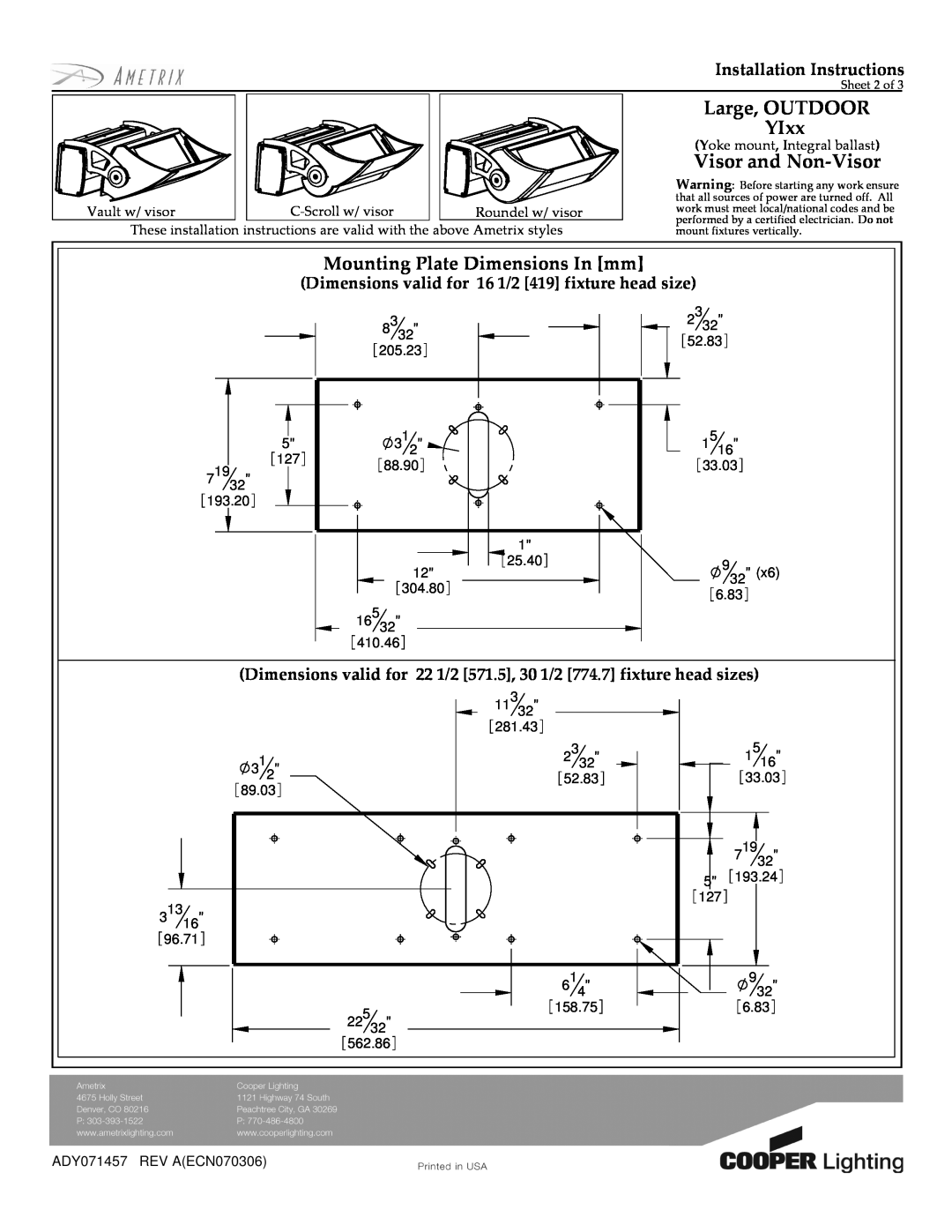 Cooper Lighting YIxx Mounting Plate Dimensions In mm, Dimensions valid for 16 1/2 419 fixture head size 