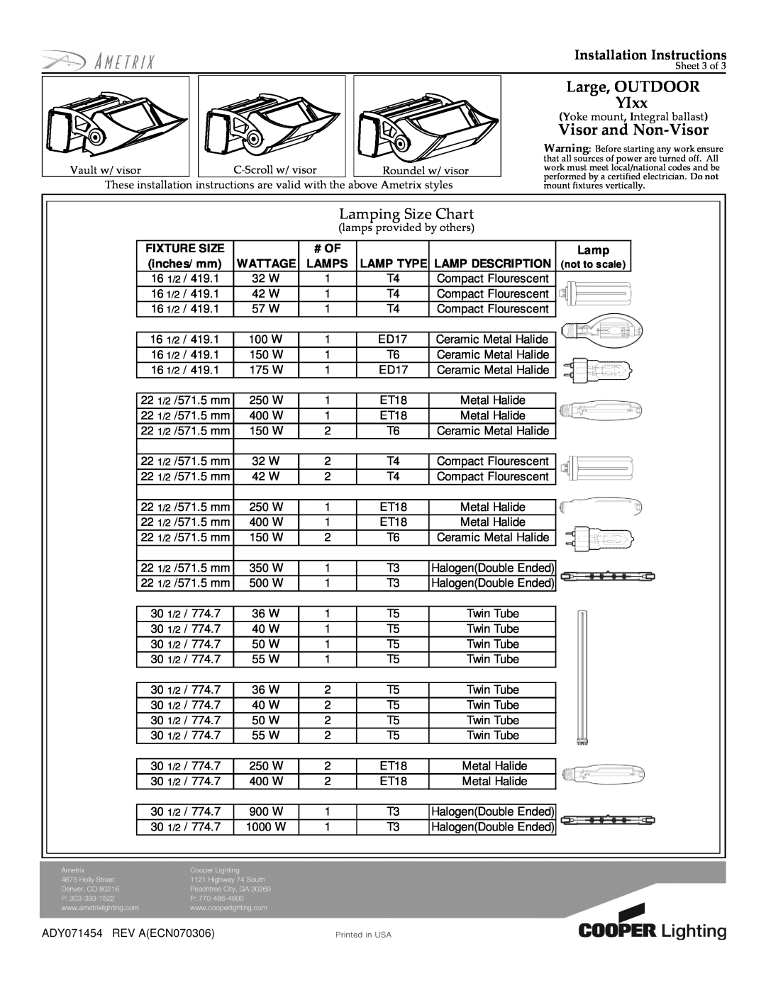 Cooper Lighting Lamping Size Chart, Large, OUTDOOR YIxx, Visor and Non-Visor, Installation Instructions, Fixture Size 