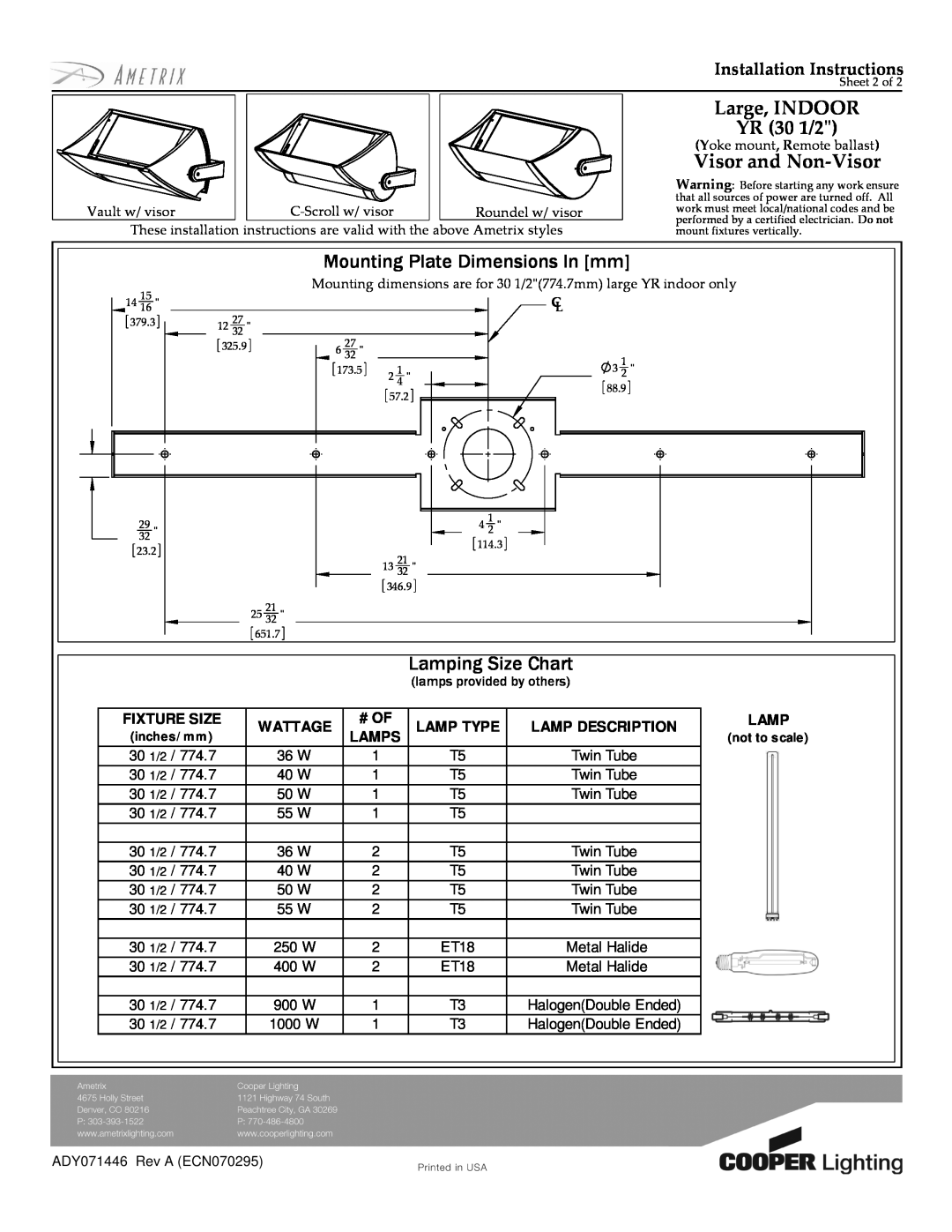 Cooper Lighting Large, INDOOR YR 30 1/2, Visor and Non-Visor, Mounting Plate Dimensions In mm, Lamping Size Chart, # Of 