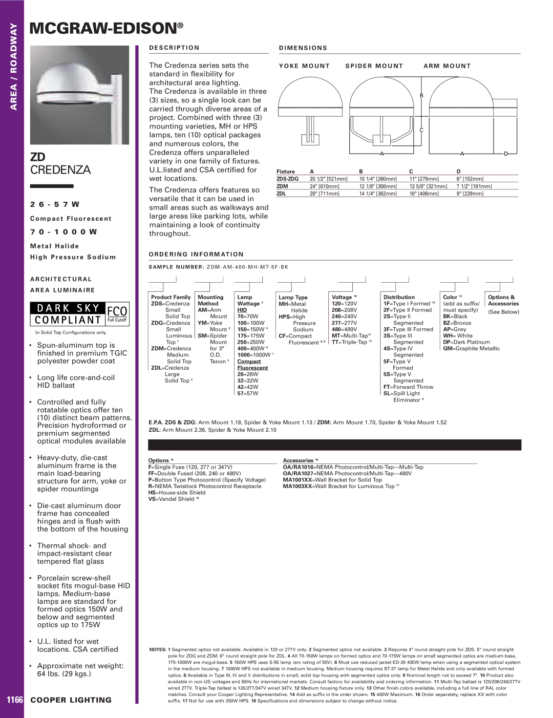 Cooper Lighting ZD Credenza specifications Fixture, Product Family, Mounting Method, Lamp Wattage, Voltage, Distribution 